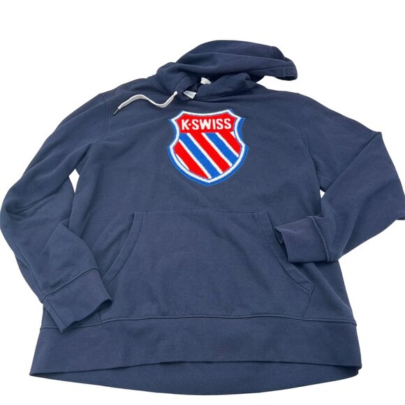 K-Swiss Navy Blue Pullover Hoodie Embroidered Logo Kangaroo Pocket Size Large - Picture 1 of 6